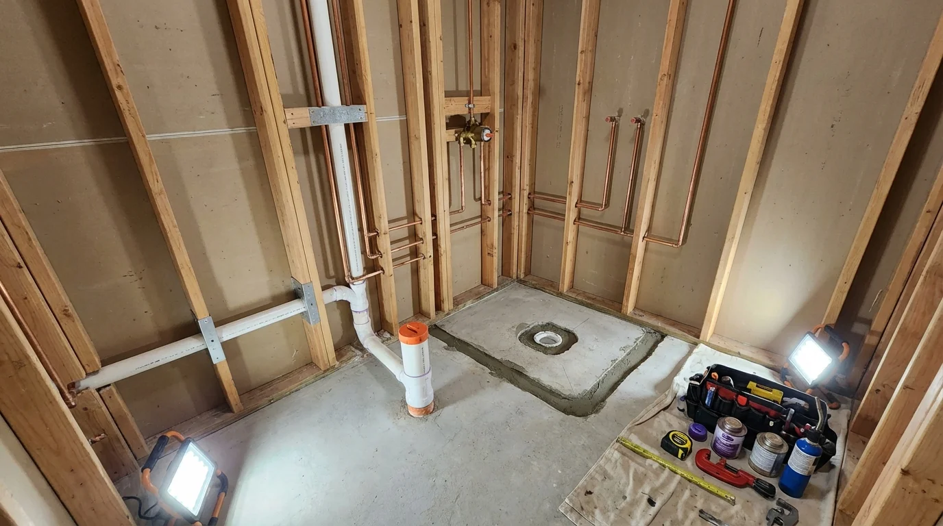 Bathroom rough-in plumbing during remodel by Johns Plumbing LLC in Somersworth