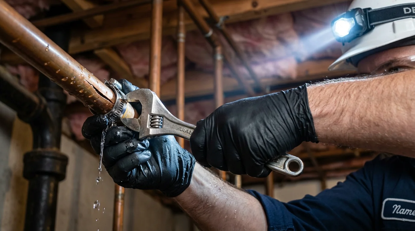 Emergency pipe clamp repair being performed by a Johns Plumbing LLC plumber in Somersworth