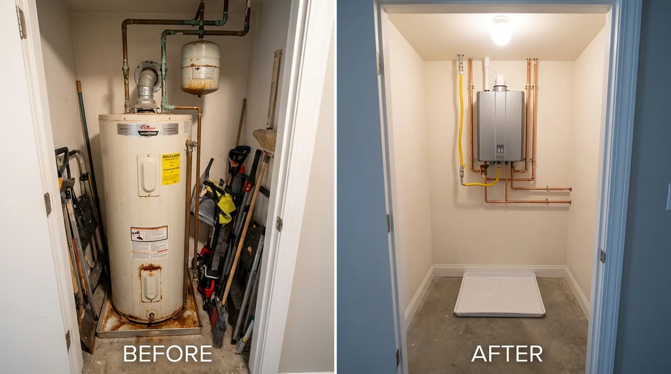 Tank water heater versus wall-mounted tankless unit comparison for Somersworth, NH homeowners