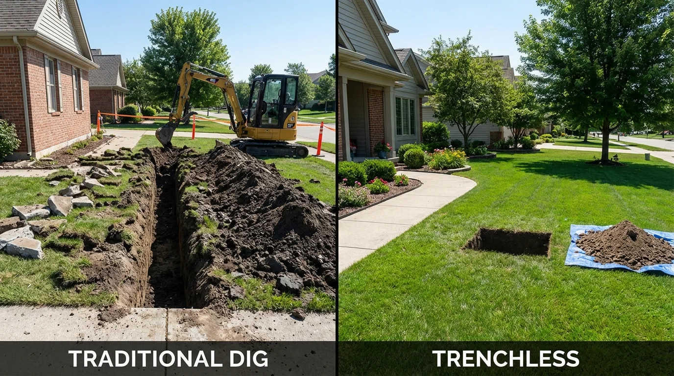 Trenchless sewer repair with minimal yard damage versus traditional excavation in Somersworth, NH