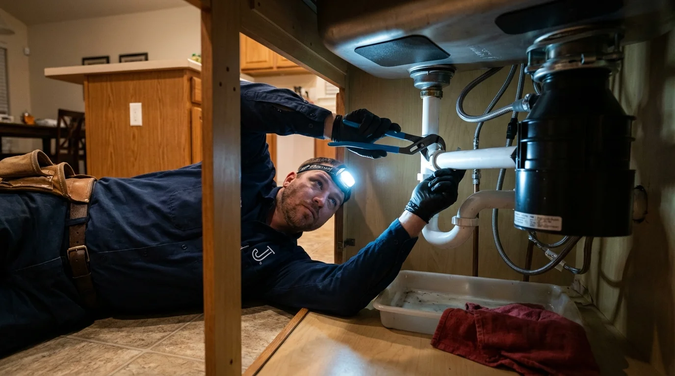 P-trap and supply line connections under a kitchen sink showing a common leak point in Somersworth, NH